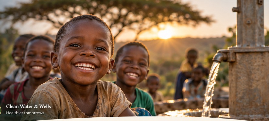 Children and community members near a clean water source