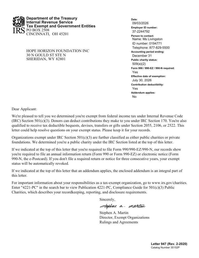 Preview of the original IRS 501(c)(3) determination letter for Hope Horizon Foundation Inc