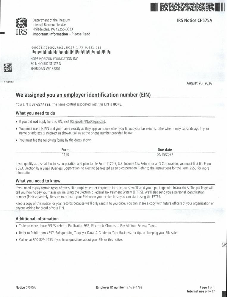 Preview of the original IRS EIN assignment notice CP575A for Hope Horizon Foundation Inc